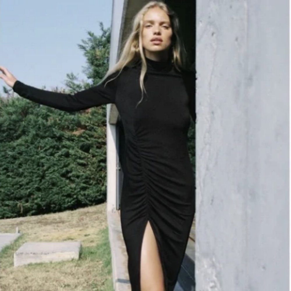 Zara Draped Sheath Long Sleeve Black Dress M